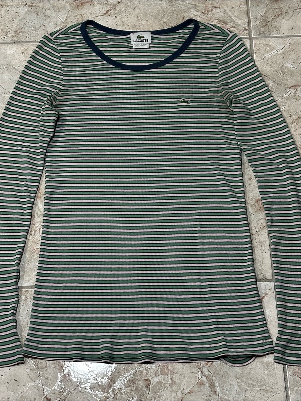 Lacoste Women’s Green White Striped Long Sleeve Top Size 40
